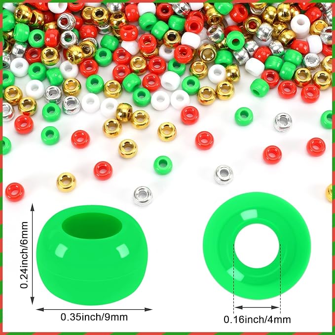 UPINS Christmas Pony Beads, 1200Pcs Red White Green Gold Silver Plastic Beads Christmas Necklace Hair Beads Crafts DIY
