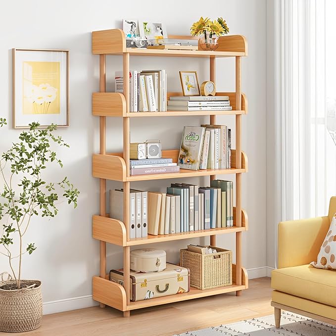5-Tier Wooden Open Bookcase - Modern Display Bookshelf with Top Edge and Solid Wood Frame for Home and Office, Storage Cabinet, Oak