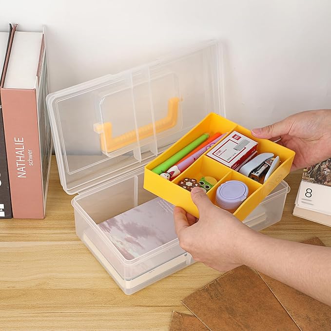 JUXYES Plastic Carry Storage Box with Removable Dividers, Clear Art Craft Supply Storage Bin Sewing Box With Handle Lid, 2 Layers Stationery Storage Case for School/Office Supplies