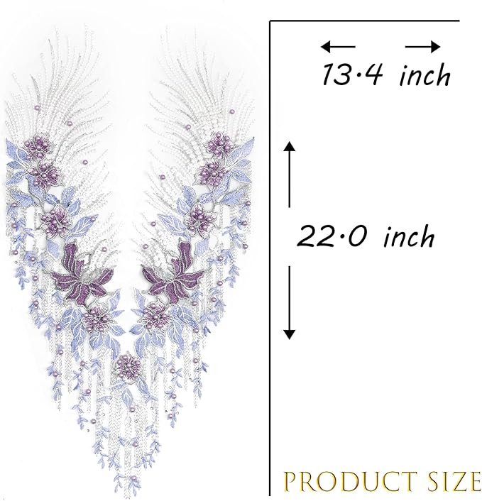 Beaded Pearl Flower Fabric Lace Applique, Floral Embroidered Patches Handmade Sewing Tool for DIY Neckline Bodice Wedding Bridal Prom Dress(Purple-Small)
