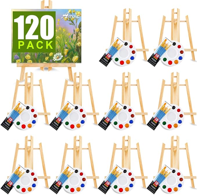 AROIC 120 PCS Painting Supplies Set with 10 PCS Wood Easels, 10 Packs of 100 Brushes with Nylon Brush Head and 10 PCS Palettes, Tabletop Wooden Art Easel for Kids & Adults Sip and Paint Party