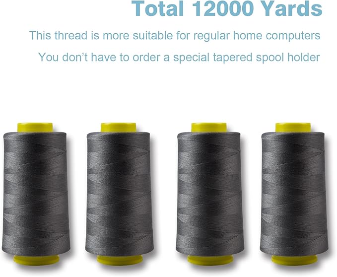 Dark Gray Serger Thread, All-Purpose Thread for Sewing, Polyester, 4 Cones of 3000 Yards Each Spool for Sewing Machine