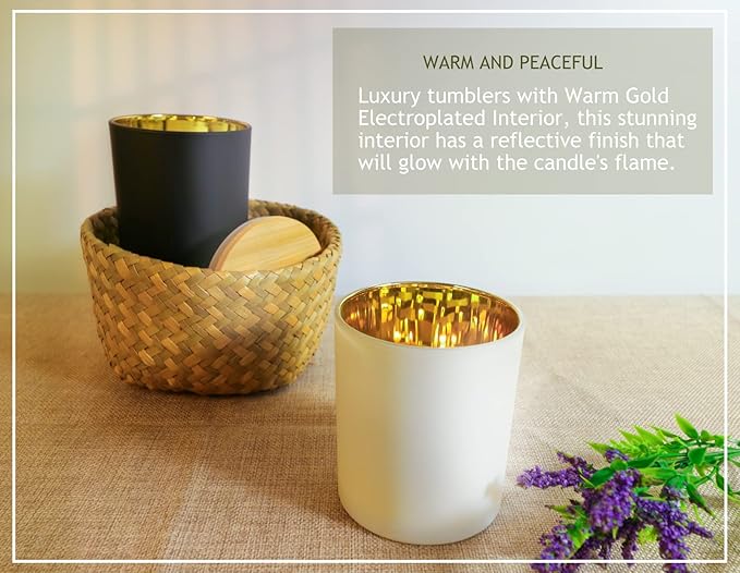 Aroparc Candle Jars with Lids 10oz, Elegant Gold Interior Candle Jars for Candle Making 12 Pieces with Bamboo Lids - White Matte