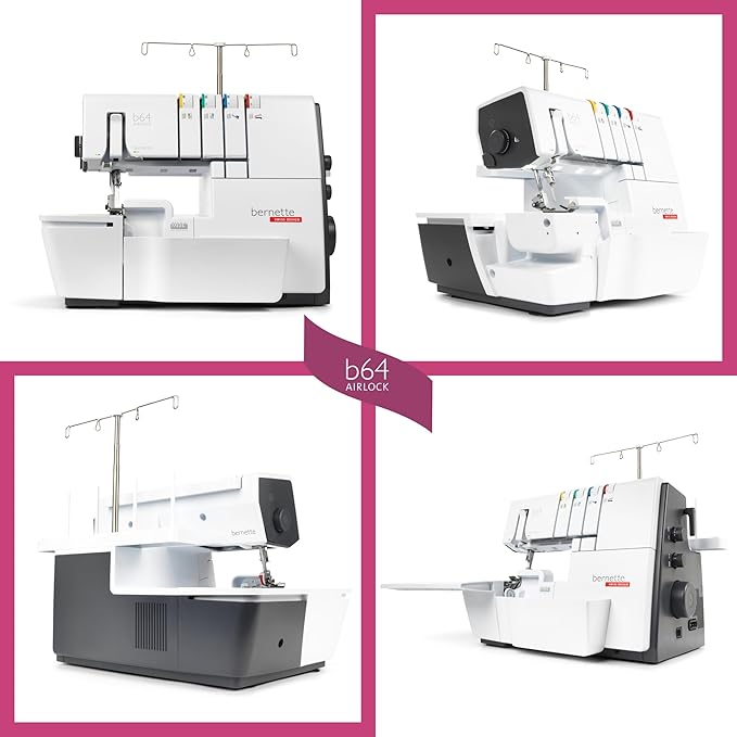 Bernette B64 Airlock Serger Overlocker with Air Threading | 1300SPM, Free Hand & Arm System, LED Light | Scissors, Rotary Cutter, Threads Bundle, Self-Healing Foldable Cutting Mat, Extension Table