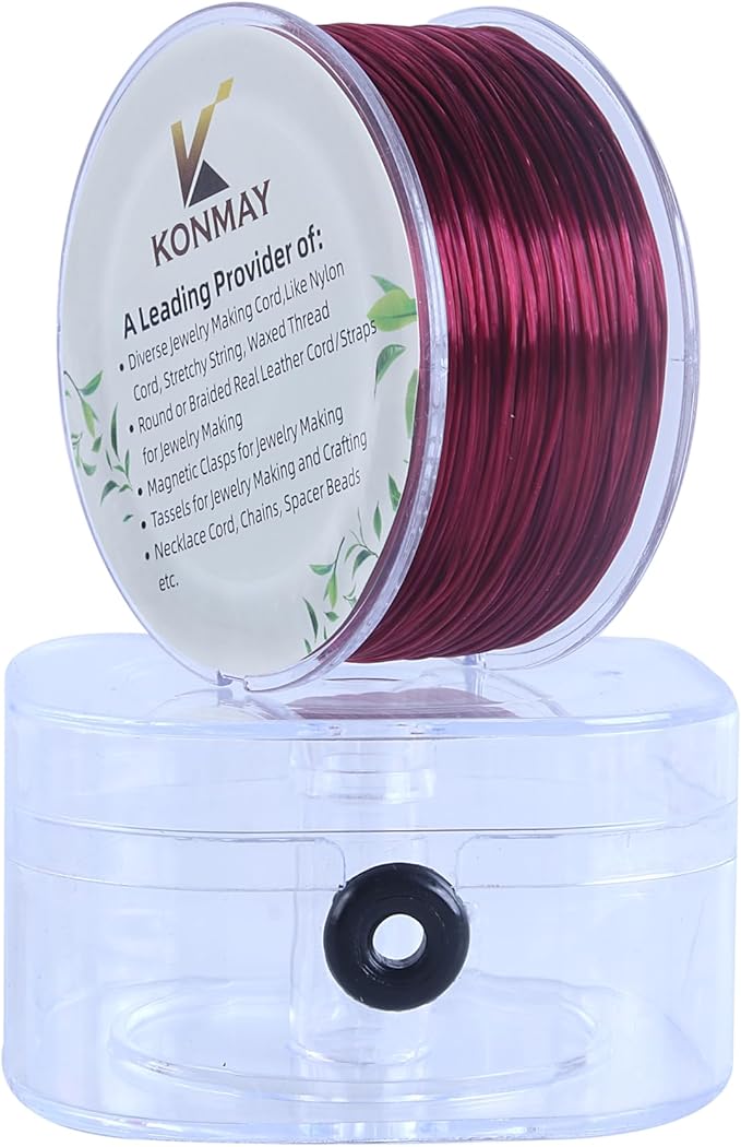 KONMAY 1 Rolls 0.8mm Flat Stretchy Bracelet Strings with Organizing Case, 90 Yards Wine Crystal Elastic Thread Cord for Jewelry Bracelets Making and Beading