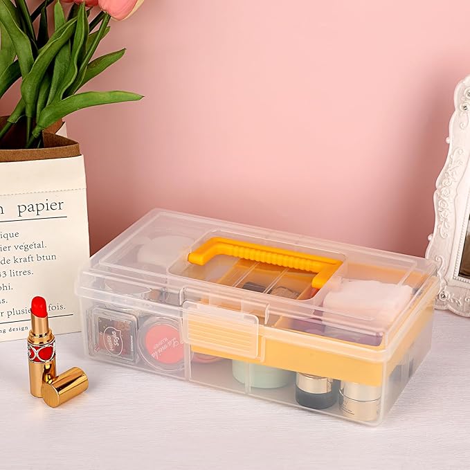 JUXYES Plastic Carry Storage Box with Removable Dividers, Clear Art Craft Supply Storage Bin Sewing Box With Handle Lid, 2 Layers Stationery Storage Case for School/Office Supplies