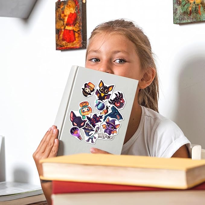 Halloween Style Cartoon Stickers Pack Cute Ghost Witch Pumpkin Cat Designs Vinyl Waterproof Non Repeating Holiday Party Decor for Kids Teens Lovers 108Pcs Hat Skateboard