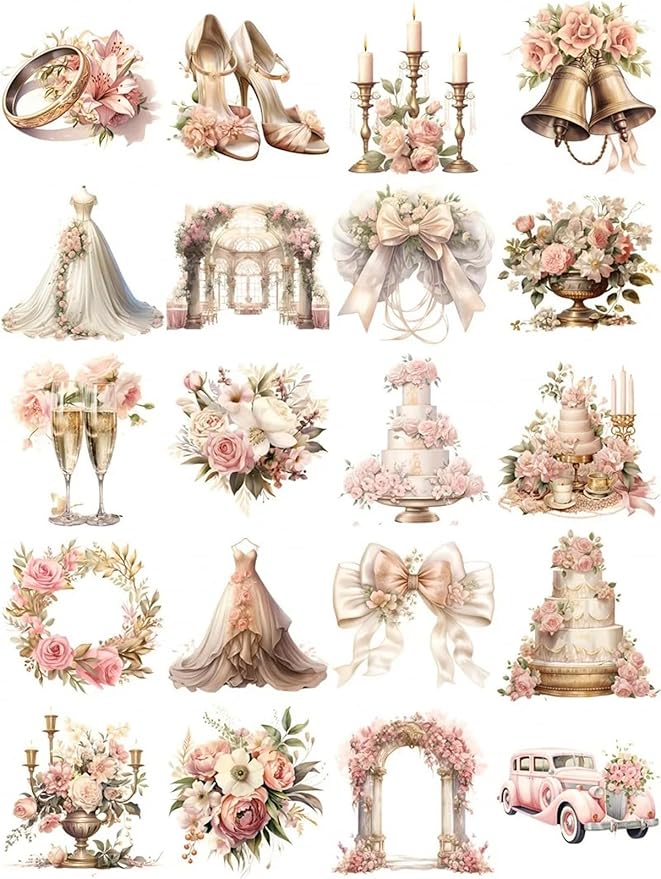 TIAMECH Wedding Lover Paper Stickers - 72 Pcs Bride Couple Rings Party Cake Design, Waterproof Sticker for Journaling & Scrapbooking, Junk Journal Supplies, Ephemera & DIY Crafts