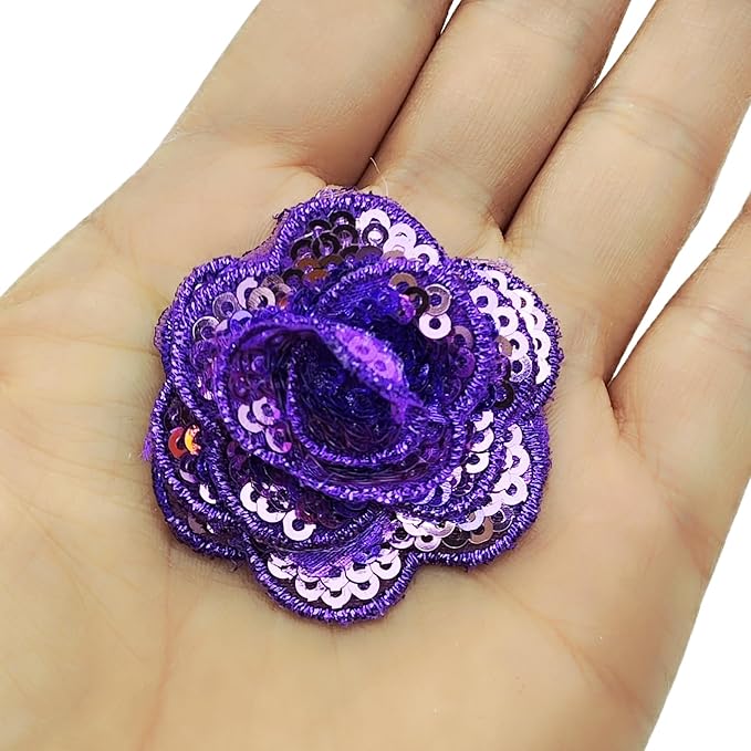 5 PC Rose Flower Sequins Lace Embroidery Patch Applique Trim Wedding Dress DIY Sewing Craft Clothes Applique, 1.6 Inch, Purple