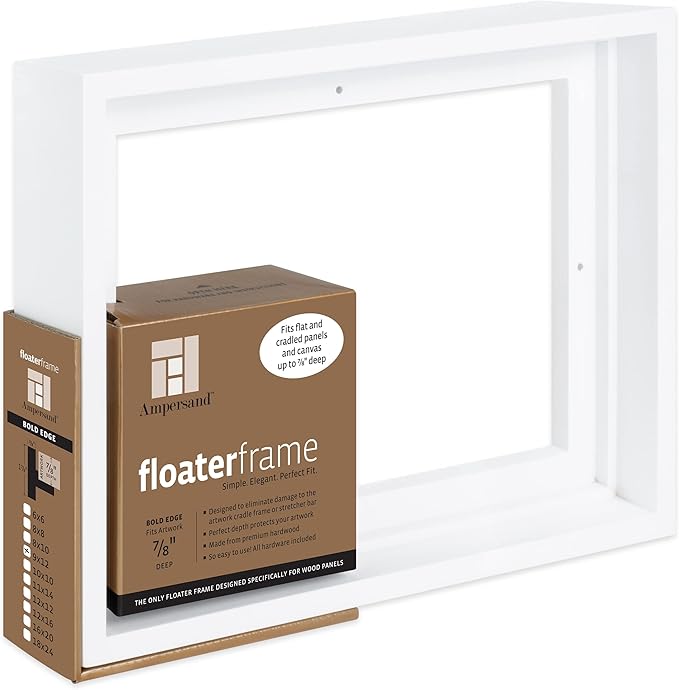 Ampersand Art Supply Floaterframe Readymade Frame for Flat and 7/8" Deep Wood Panel and Canvas Artwork, Paintings, Prints, and More, 9"x12", White Bold