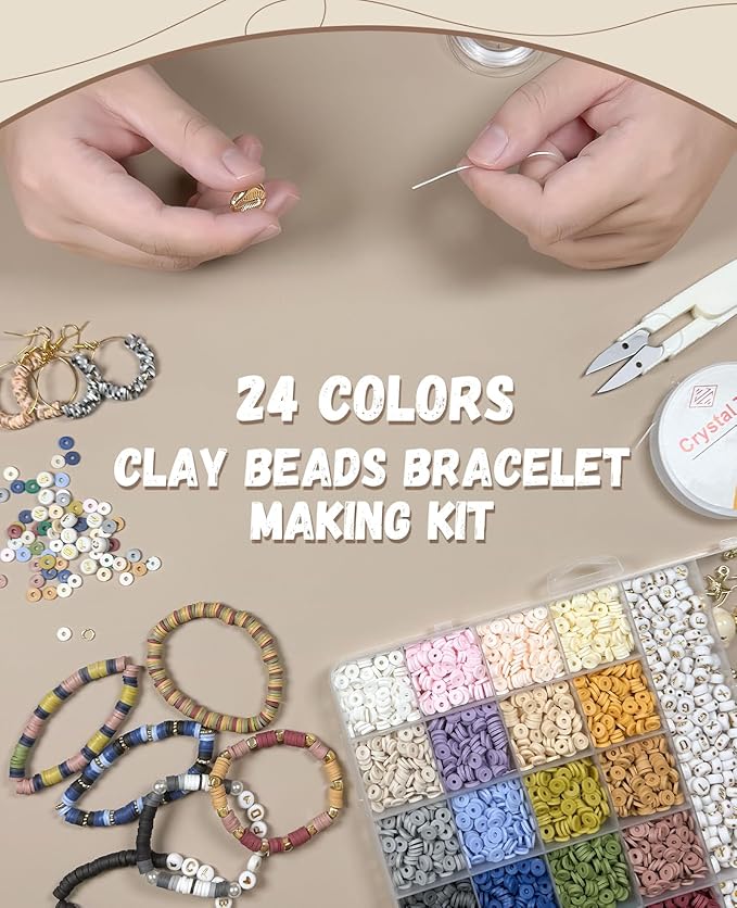 ClaBead 6300 Pcs Clay Beads Bracelet Making Kit for Adults, 24 Colors 6mm Clay Beads for Bracelets Making, Jewelry Making Kits with Letter Beads for Girls 13-15, Friendship Bracelet Kit for Women