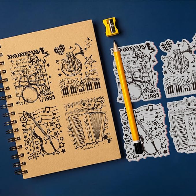 GLOBLELAND Vintage Music Background Cling Rubber Stamp Drum and Violin Musical Instrument 7x8.7inch Cling Stamps Embossing Stamp Seal for DIY Scrapbooking and Card Making Paper Craft Decor
