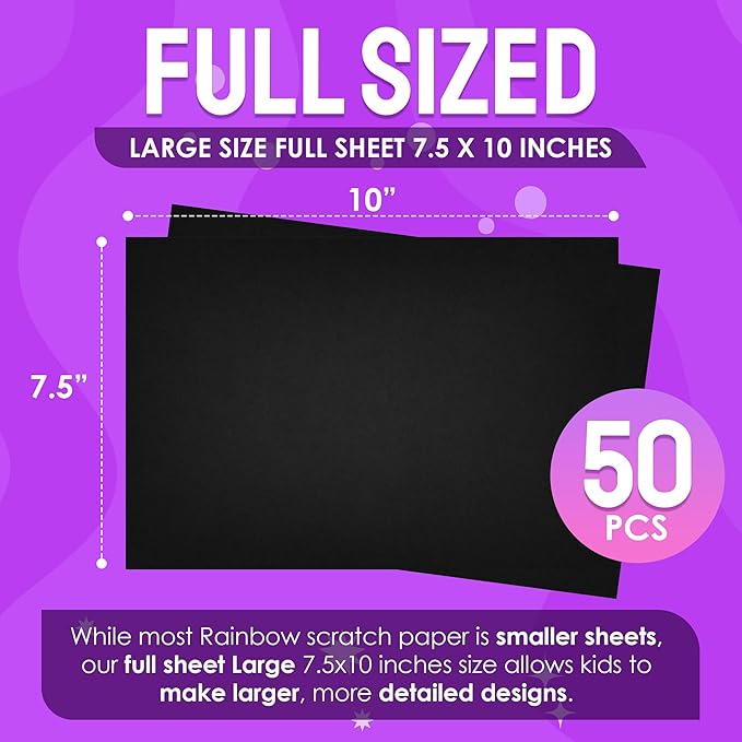 50 Piece Rainbow Scratch Paper - 4 Wooden Styluses Included - Create Rainbow Scratch Art With This Jumbo Craft Pack