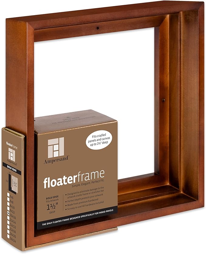 Ampersand Floaterframe Readymade Frame for Flat and 1 1/2" Deep Wood Panel and Canvas Artwork, Paintings, Prints, and More, 10"x10", Walnut Bold