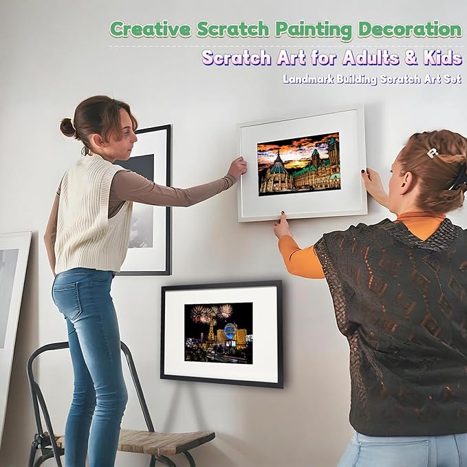 Scratch Art Painting Kit for Adults-8 Sheets A4 Rainbow Scratch Painting Paper Craft Set with City Landmarks|Stress Relief Gift for Travel&Craft Lovers|Scratch Art Home Decor(American Series)