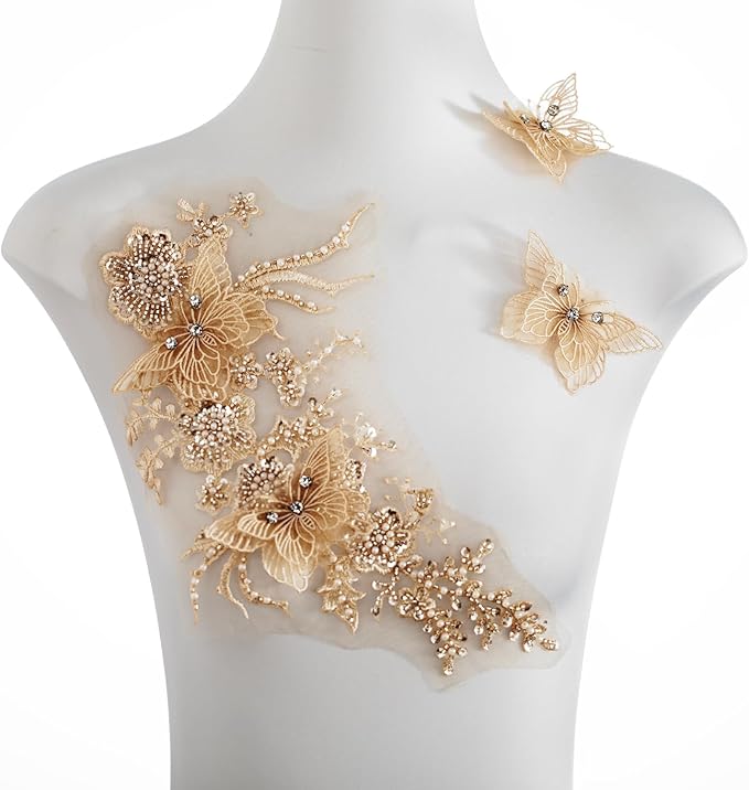 Flower Pearl Fabric Rhinestones Beaded Lace Applique,3D Butterfly Embroidered Lace Patch for Clothes,Dress (Light Coffee)