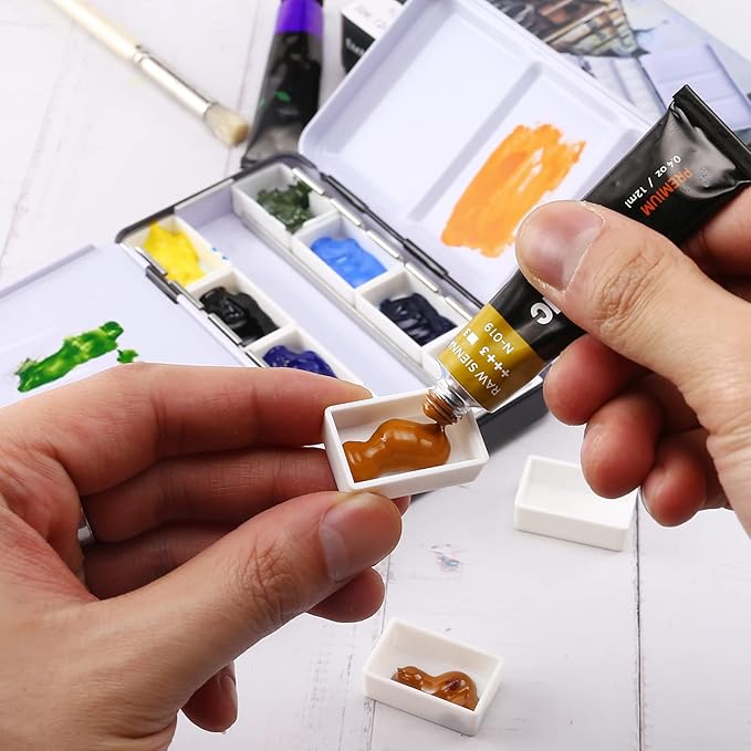 LOONENG Metal Watercolor Tin with Fold-Out Palette, Small Tray Palette with 8 Empty Full Pans for Plein Air, Acrylic and Oil Painting