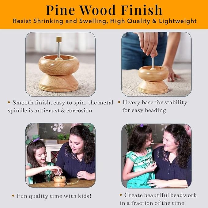 SHOP LC DELIVERING JOY Seed Bead Spinner for Jewelry Making Kit Clay Bead Spinner with Big Eye Beading Needle & 3mtr Wire - Necklace Bracelet Maker Wooden Birthday Gifts - Pinewood