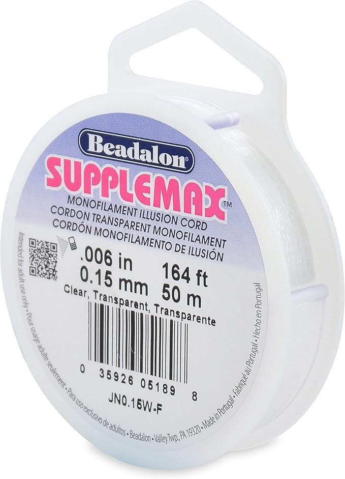 Beadalon SuppleMax Illusion Beading Cord, The Invisible String for Crafts - Jewelry Making Nylon String, Clear Bracelet String & Fishing Line for Crafts, .006 Inches, 164ft Clear Monofilament