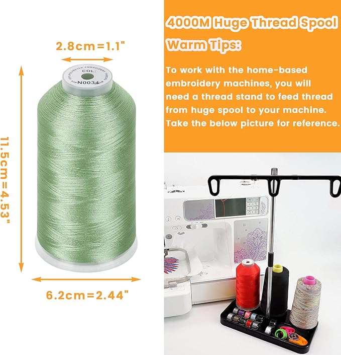 New brothread - Single Huge Spool 4000M Each Polyester Embroidery Machine Thread 40WT for Commercial and Domestic Machines - Fresh Green