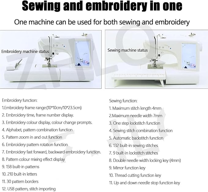 Automatic Sewing Machine Electric Embroidery Machine 158 Built-in Designs, 7" Touch Screen, Capable of Embroidering on 3D Caps, Flat, T-Shirt and More Sewing Made Easy