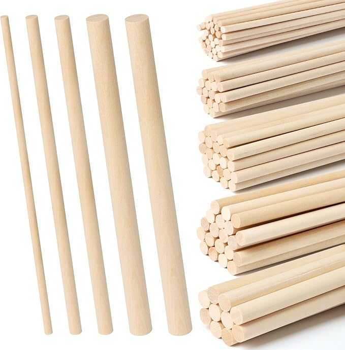 100 Pieces Wooden Dowel Rods Assorted Sizes Wooden Dowels 1/8, 3/16, 1/4, 5/16, 3/8 x 6 Inch Wood Craft Dowel Rods for Crafts and DIY