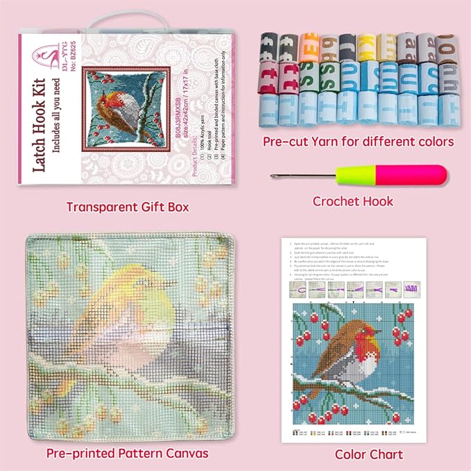DL-YTG Latch Hook Kits Pillow Winter Bird Crochet Yarn Cushion Colour Pre-Printed Canvas Rug Needlework DIY Pillowcase Hook and Latch Kit Christmas Home Arts Crafts Sofa Decoration 42x42cm/16 X16inch