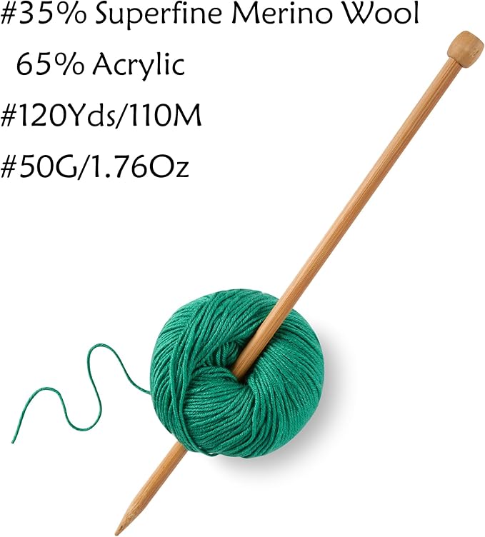 2 Balls Merino Wool Yarn, 12-Ply Luxurious and Soft Yarn for Hand Knitting & Crocheting, 1.76 OZ/50g, 120 yds/110 Meters(Green,2Balls)