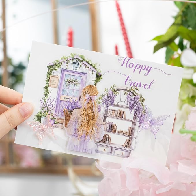 TIAMECH Girl Outside Windowsill PET Stickers - 80 Pcs White Spring Pink Rose & Beauty Violet Girl Design, Waterproof Sticker for Journaling & Scrapbooking, Junk Journal Supplies, Ephemera & DIY Crafts