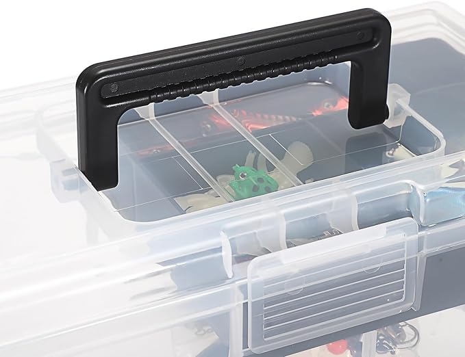 JUXYES Plastic Carry Storage Box with Removable Dividers, Clear Art Craft Supply Storage Bin Sewing Box With Handle Lid, 2 Layers Stationery Storage Case for School/Office Supplies