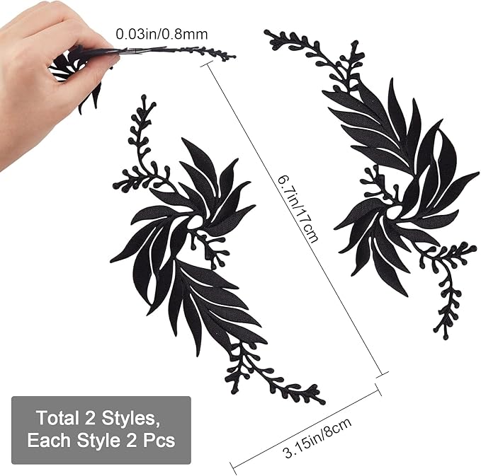 GORGECRAFT 2 Pairs 4PCS Leaf Iron Patches Big Embroidered Flowers Lace Applique Flowers Nature Patches Suitable for Clothes Dress Hat Pants Sewing Craft Decoration(Black)