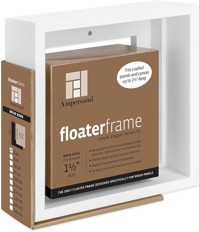 Ampersand Art Supply Floaterframe Readymade Frame for Flat and 7/8" Deep Wood Panel and Canvas Artwork, Paintings, Prints, and More, 6"x6", White Bold