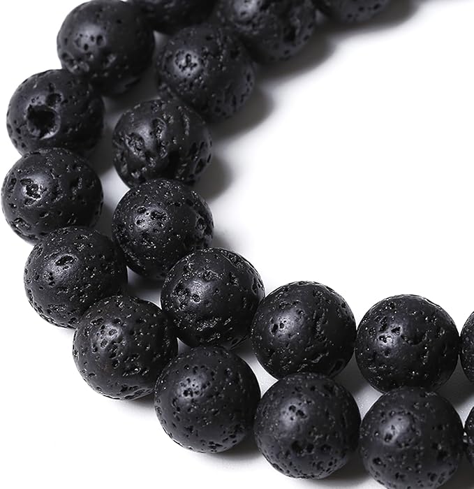 10MM 72pcs Natural Stone Beads Black Volcanic Lava Gemstone Round Loose Beads for Jewelry Making Bracelet 2 Strands 32"