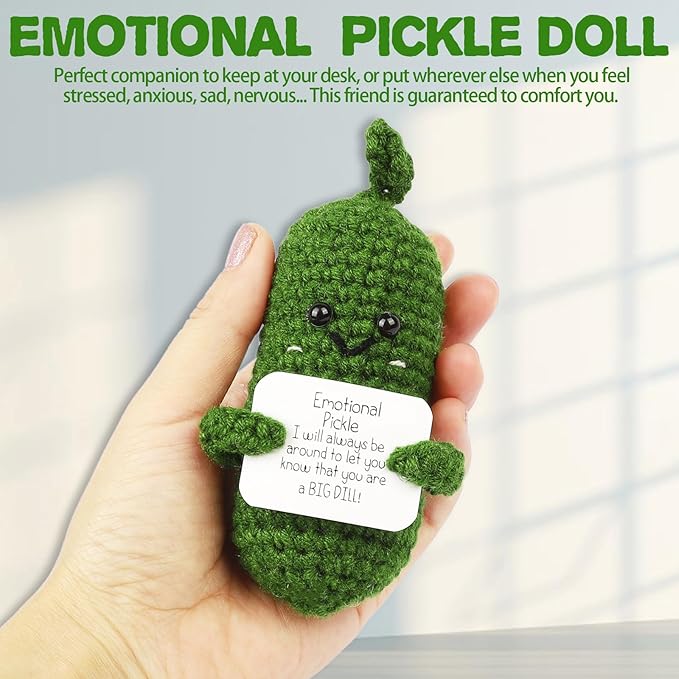 Hoedia Handmade Emotional Pickle Gift, Cucumber Crochet Doll Inspirational Gifts with Cards, Cute Knitted Funny Support Potato Friend Birthday Mothers Day Easter Basket Stuffers (Emotional Pickle)