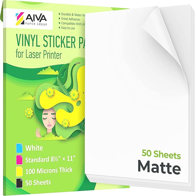 Printable Vinyl Sticker Paper for Laser Printer - Matte White - 50 Self-Adhesive Sheets - Waterproof Decal Paper - Standard Letter Size 8.5"x11"