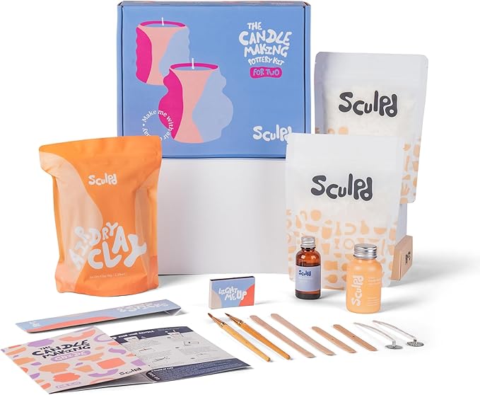 Sculpd Candle Making Pottery Kit for Adults with Air Dry Clay and Acrylic Paint Set, Non-Toxic Eco Soy Wax, Scented Fragrance Oil, Candle Glaze, Tools & Guide, 2 Candles, Basil Citrus