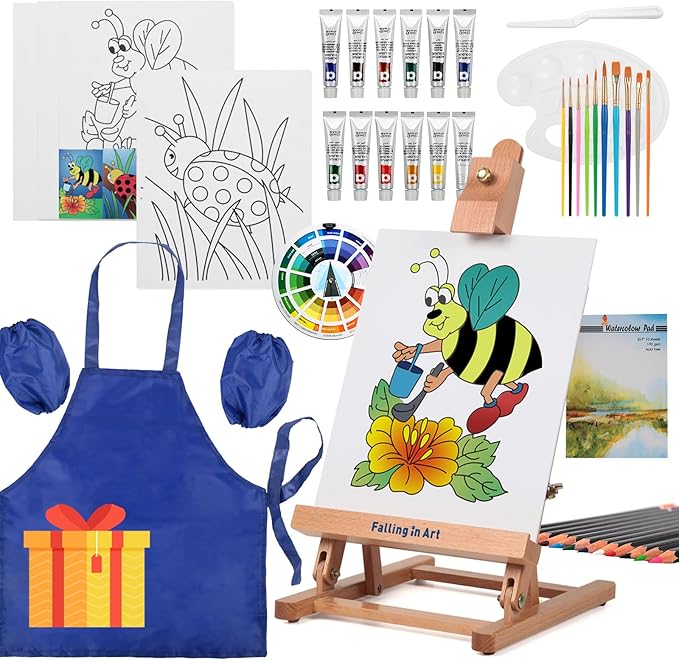 Falling in Art Painting Set for Kids with Table Easel-Acrylic Painting Starter Kit with Art Smock, 12 Acrylic Paints, 12 Water Soluble Colored Pencils, Paint Brushes, Canvas Panels and Watercolor Pad