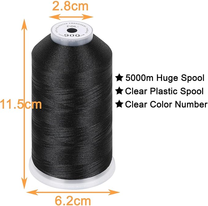 New brothread - Single Huge Spool 5000M Each Polyester Embroidery Machine Thread 40WT for Commercial and Domestic Machines - Black