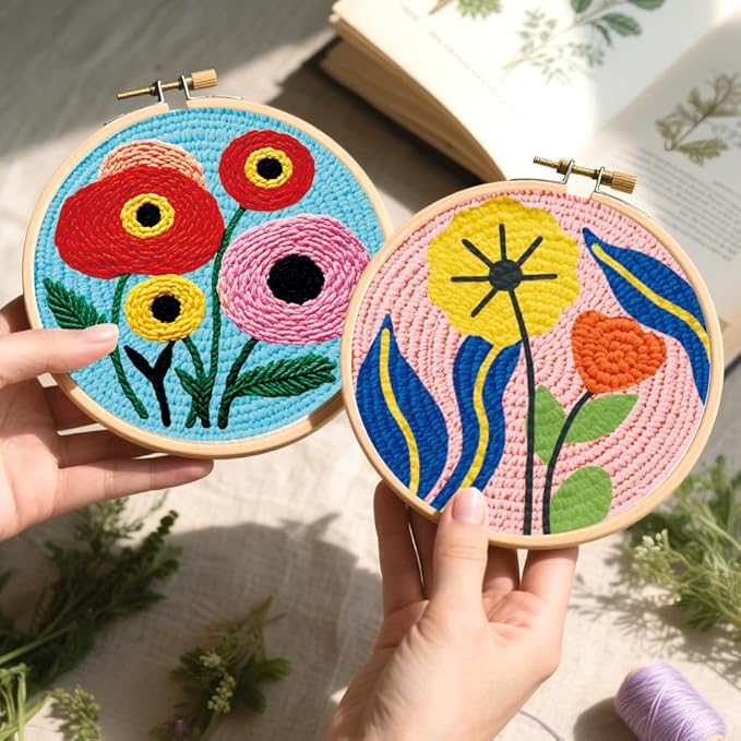 BEUNITONE 2PCS Bohemian Flower Punch Needle Kit for Adults Beginners, Complete Craft Kit Needlepoint Kits for Adults with Hoop, Punch Needle Starter Craft Set for Cloth Festival Gift and Home Decor