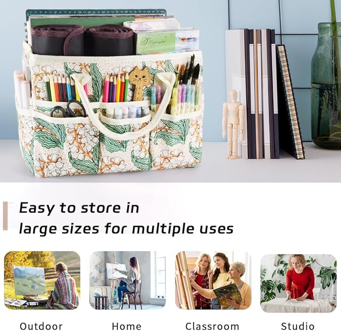 E-WEICHEN Craft Organizer Tote Bag Art Storage Caddy with Multiple Pockets Containers for Art,Craft,and Office Supplies Storage.White Campanula