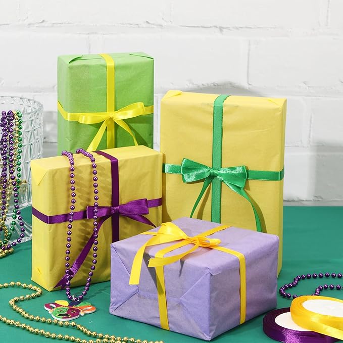 DECYOOL Mardi Gras Satin Ribbons, 4 Rolls 100 Yards Each - 10mm Wide Green, Purple, Yellow - Craft Ribbons for Gift Wrapping & Carnival Decoration
