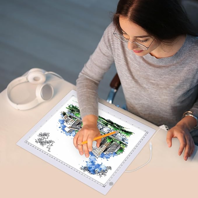 A4 Light Pad with Foldable Stand, UL Certified Adapter, 8000 Lux Super Bright Ultra Thin Pad for Cricut Weeding Vinyl, Artist Drawing Light Box/Board/Table for Tracing, Sketching - White