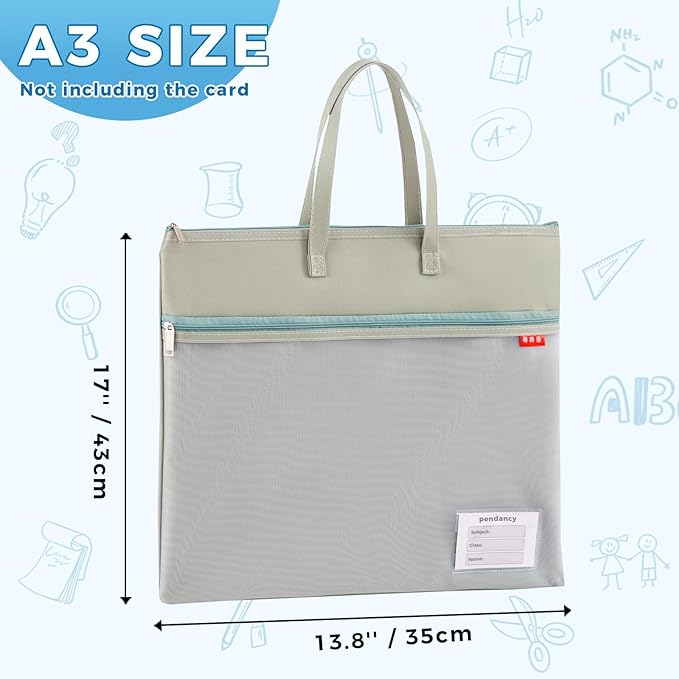 Pendancy Mesh Zipper Pouch A3 Size, Large Double Pocket Waterproof File Bag with Handle, 13x17 in Foldable Document Storage for Puzzle Project/Cross Stitch/Travel/Office（Advanced Green）