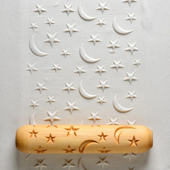 MKM Pottery Tools Wood Big Hand Rollers for Clay (BHR-13 Stars and Moons)