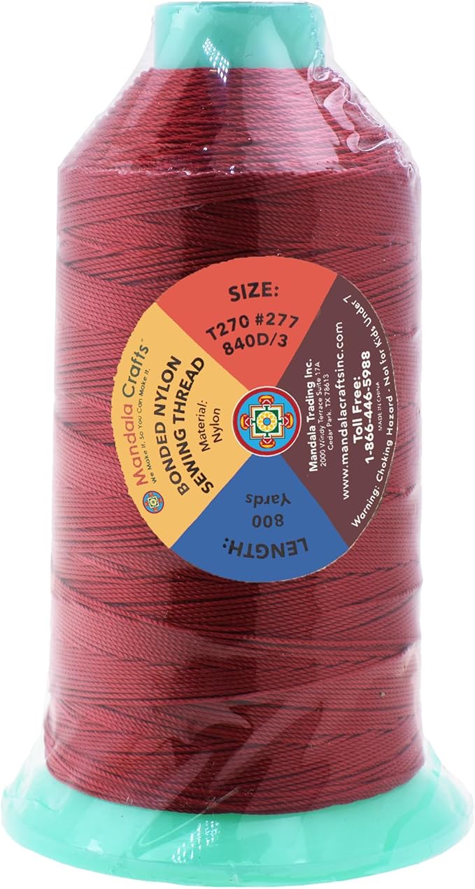 Mandala Crafts Bonded Nylon Thread Maroon Heavy Duty Sewing Threads - 800 YDs Size 277 840D T270 Tex 270 Thread for Leather Jeans Weaving Outdoor Marine Upholstery Threads