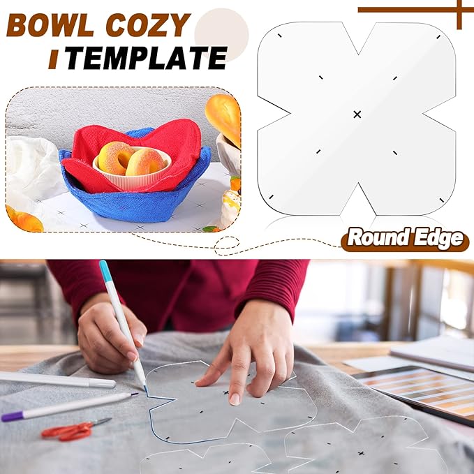 Flutesan 3 Pcs Bowl Cozy Pattern Template 8/10/12 Inch Clear Acrylic Bowl Wrap Sewing Pattern Template with 3 Pieces Water Soluble Pen Batting Quilting Cut on Fold Stencil(Round Edge)