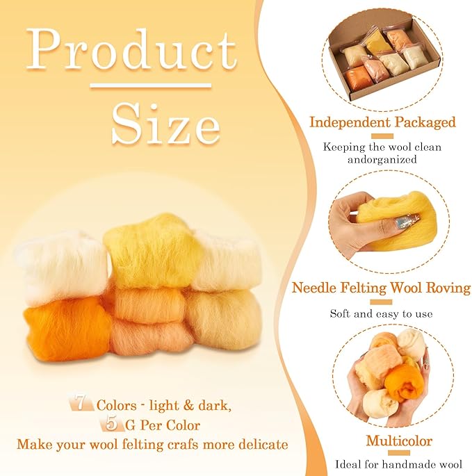 FASHEWELRY 1.2 OZ Wool Felting Kit 7 Set 7 Colors Orange Theme Needle Felting Wool Roving Nature Wool Roving for Needle Felting Wet Felting DIY Hand Spinning