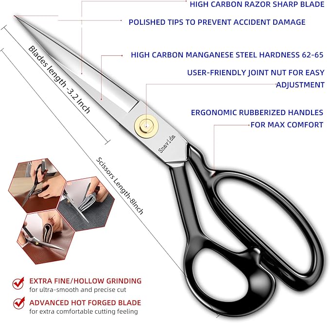 Fabric Scissors - 8 Inch Heavy Duty Tailor Shears for Fabric Cutting - Ultra Sharp Cloth Scissors - Multipurpose Utility Dressmaker Leather Titanium