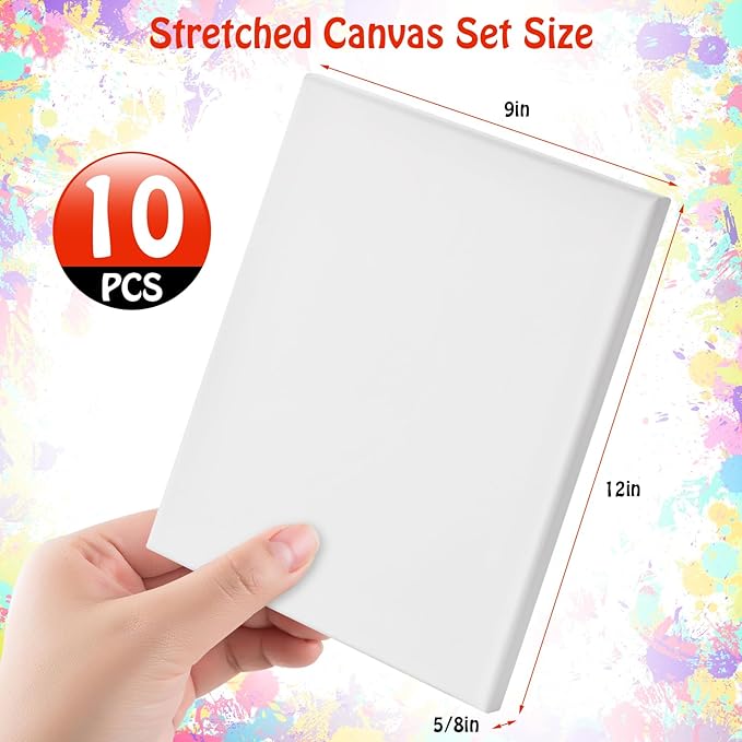Stretched Canvas for Painting - 9x12 Inch/10 Canvas Value Pack - Triple Primer Acid Free 100% Cotton Blank Canvas for Painting Supplies Oil and Acrylic Pouring Art Watercolor