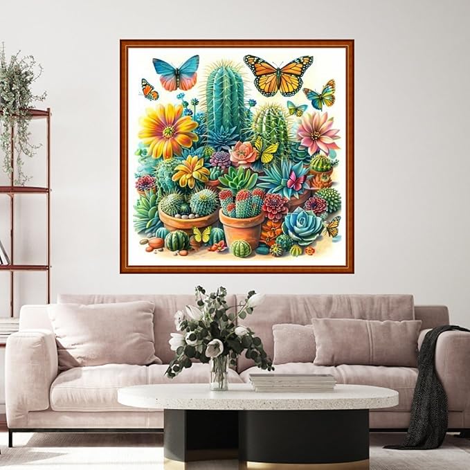 Funart Stamped Cross Stitch Kits for Beginners Full Range of Cross Stitching Preprinted Embroidery Kits for Adults, 11CT Embroidery Pattern Needlepoint Kits-Butterfly Succulent Plant 18x18 inch